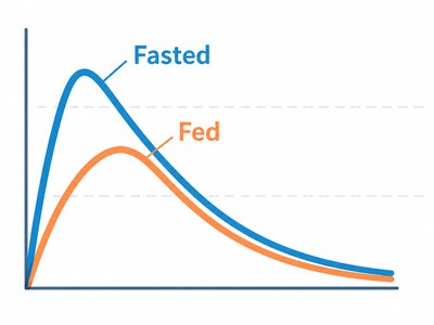 Fasted（青）とFed（オレンジ）の血中濃度推移