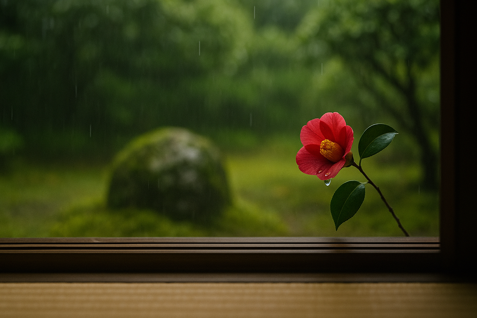 縁側から望む静かな日本庭園と椿の花に乗る雨の雫