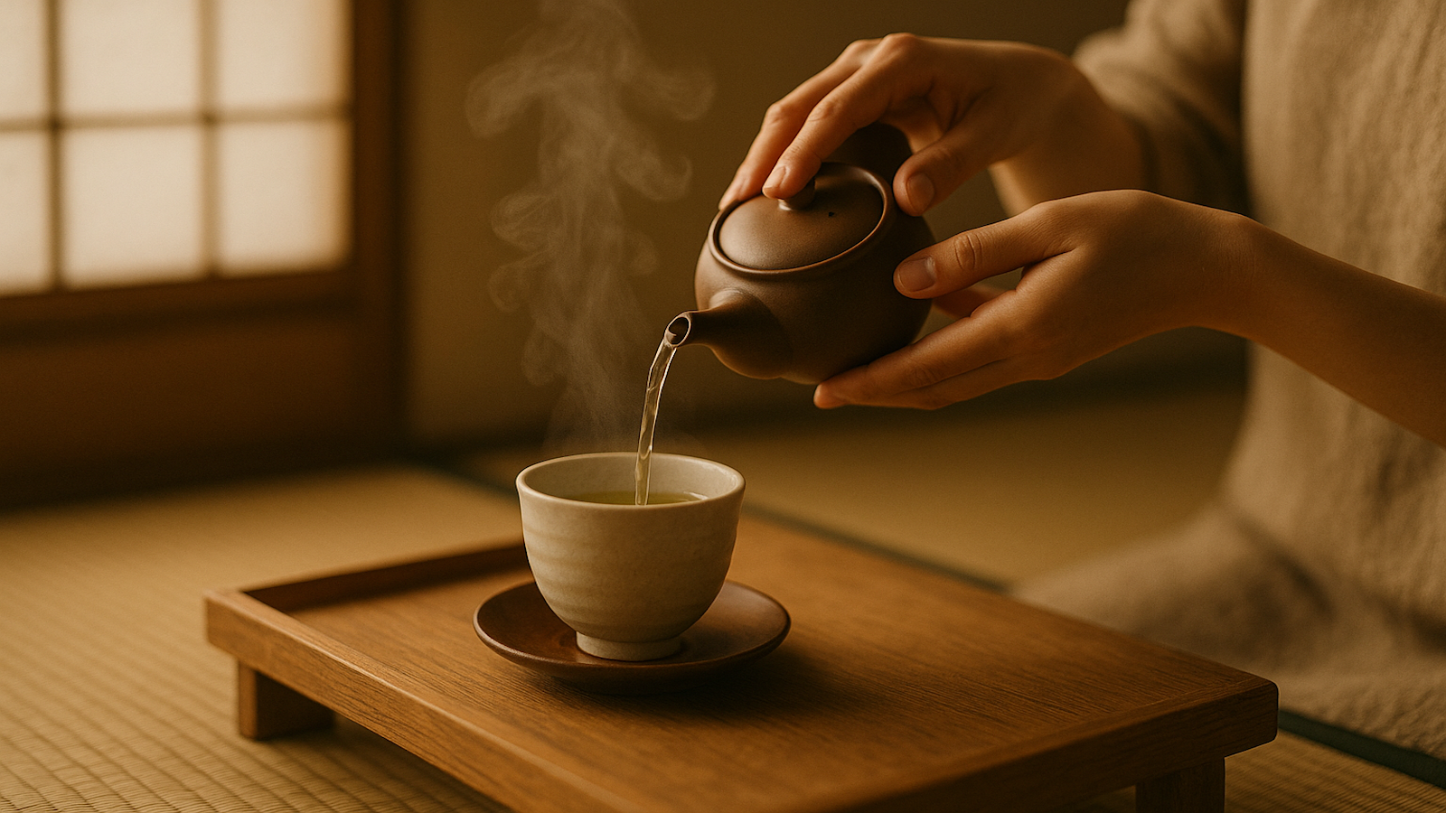 湯呑みにお茶を注ぐ手元と立ちのぼる湯気